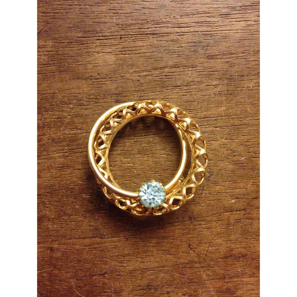 5/$25 Blue Rhinestone and Gold Double Circle Pin/Brooch